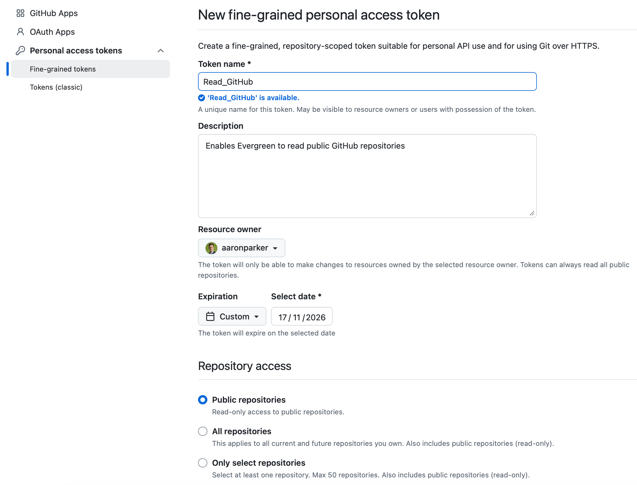Fine-grained personal access token