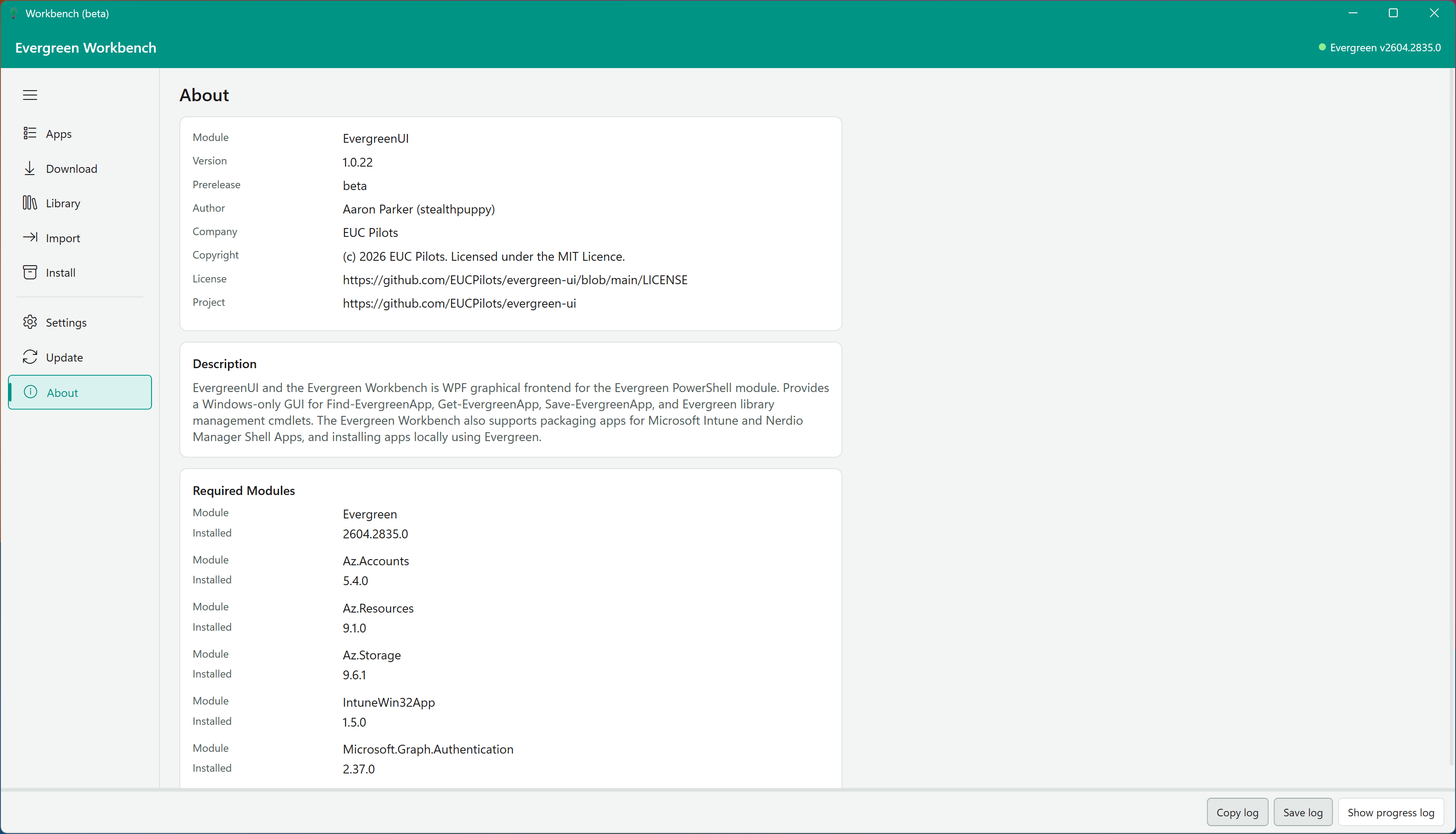 The About View showing module metadata and required modules