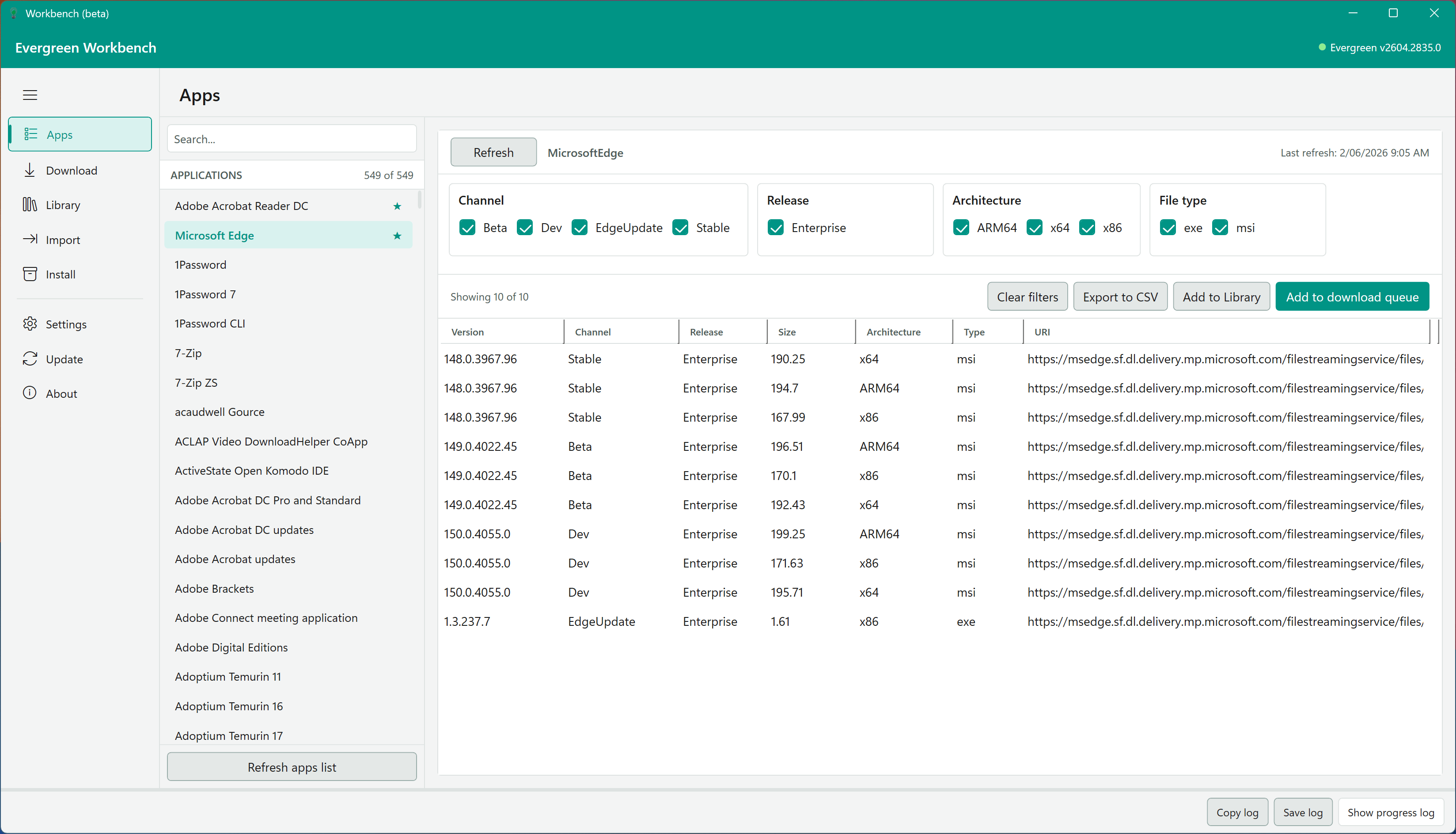 The Apps View showing Microsoft applications with channel, release, architecture, and Type filters