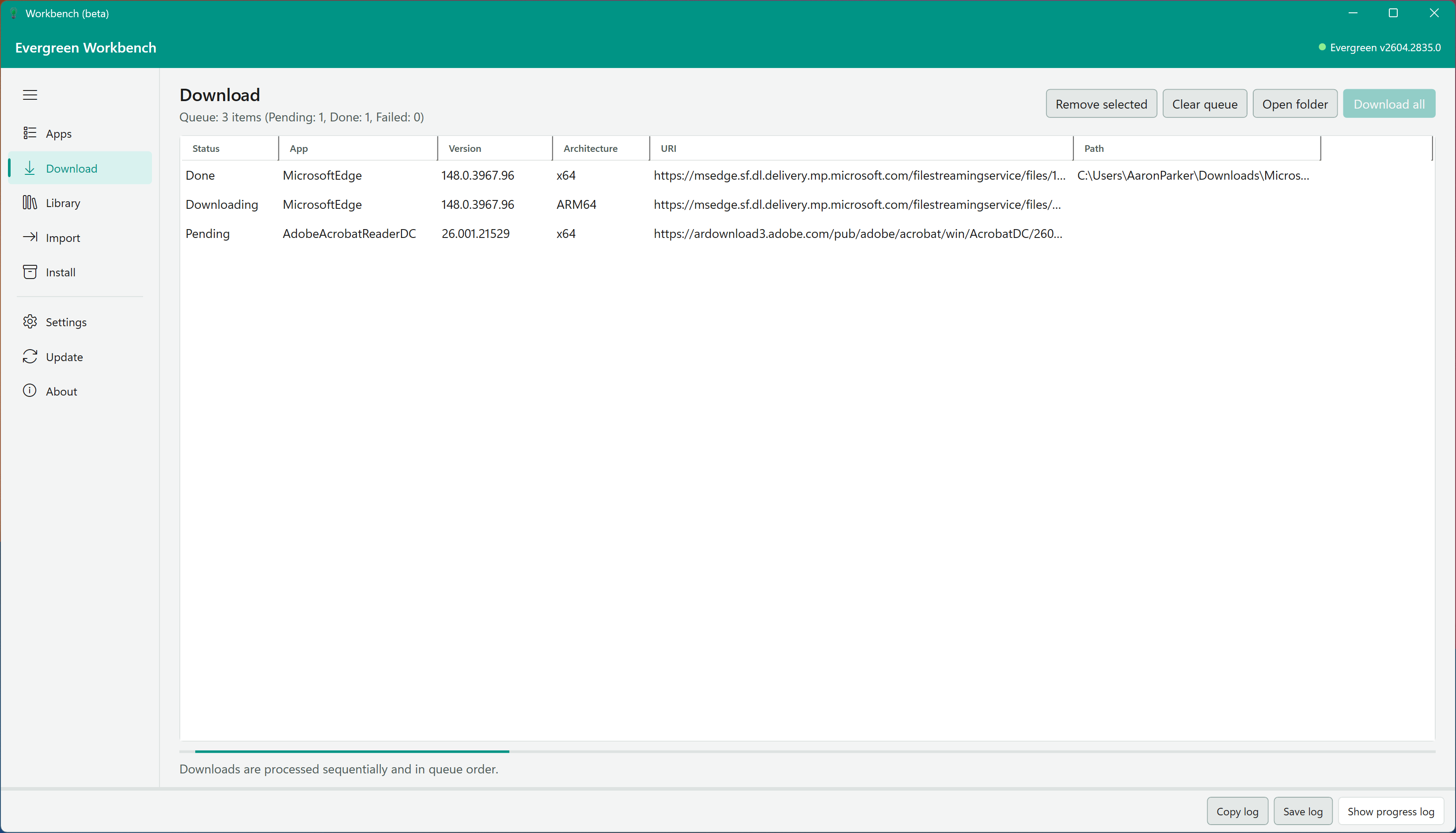 The Download View showing the local paths for downloaded files