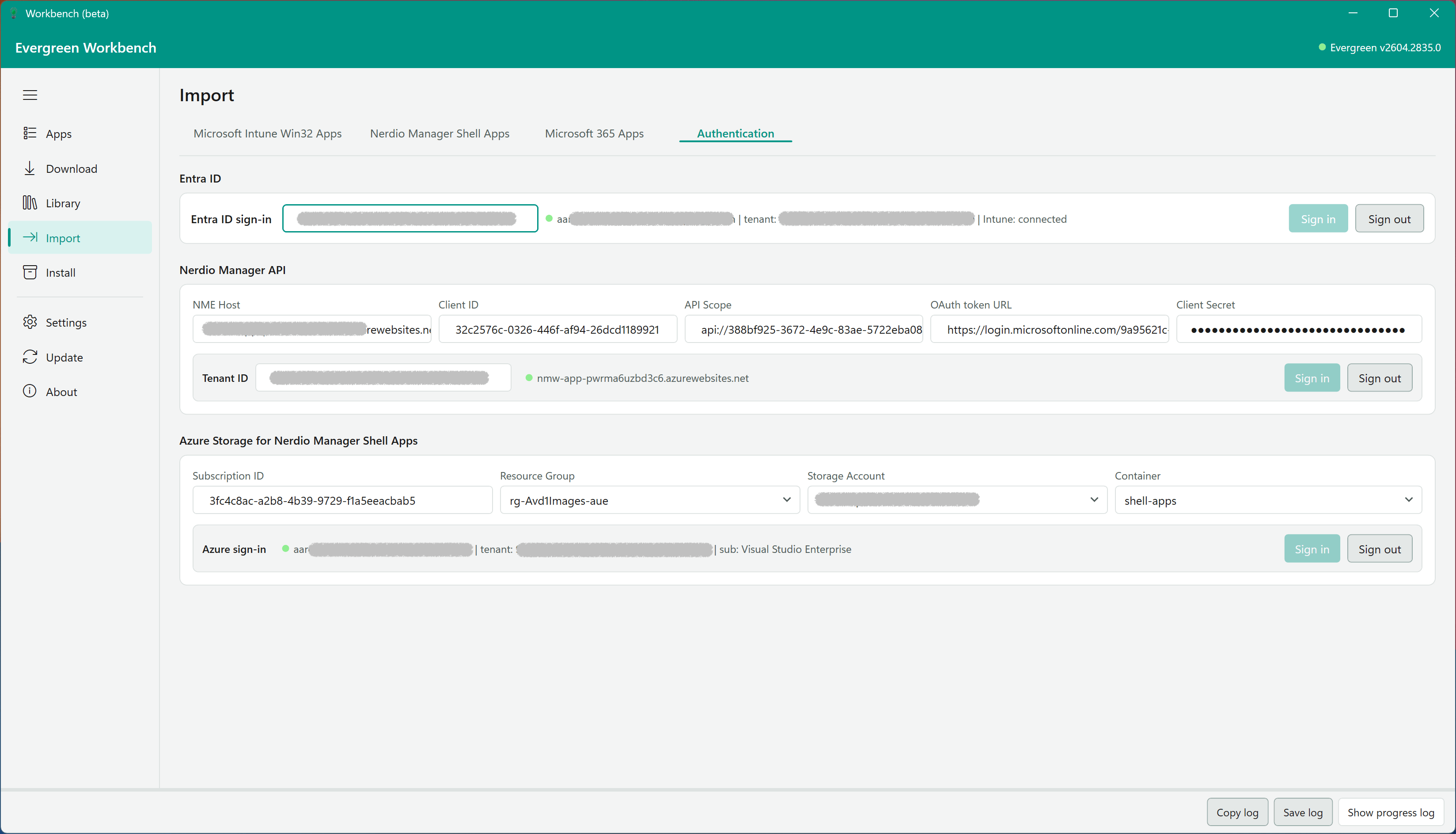 The Authentication sub-tab showing Entra ID, Nerdio Manager API, and Azure Storage connections