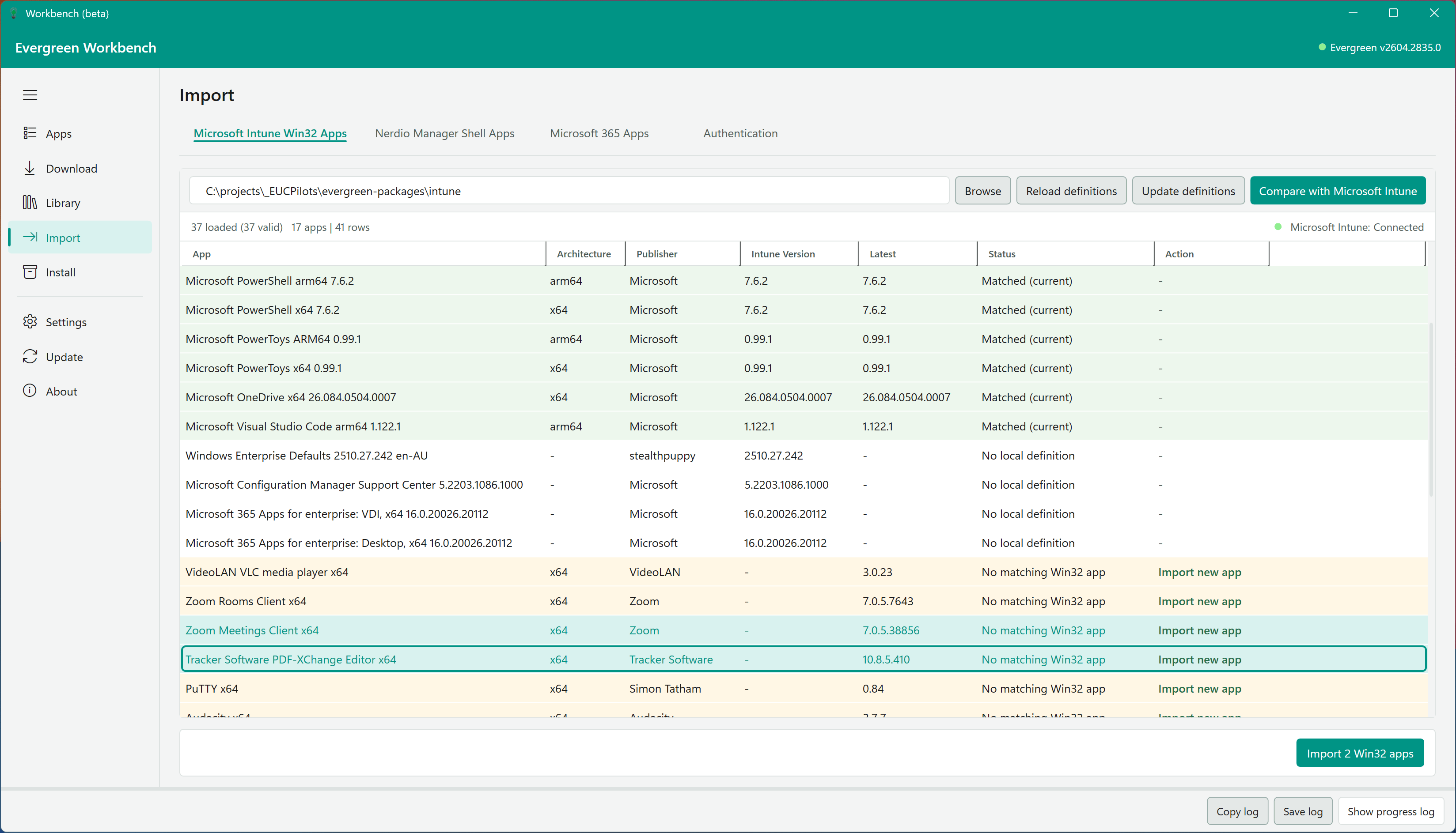 The Import Tab showing Microsoft Intune Win32 Apps with package definitions and import status