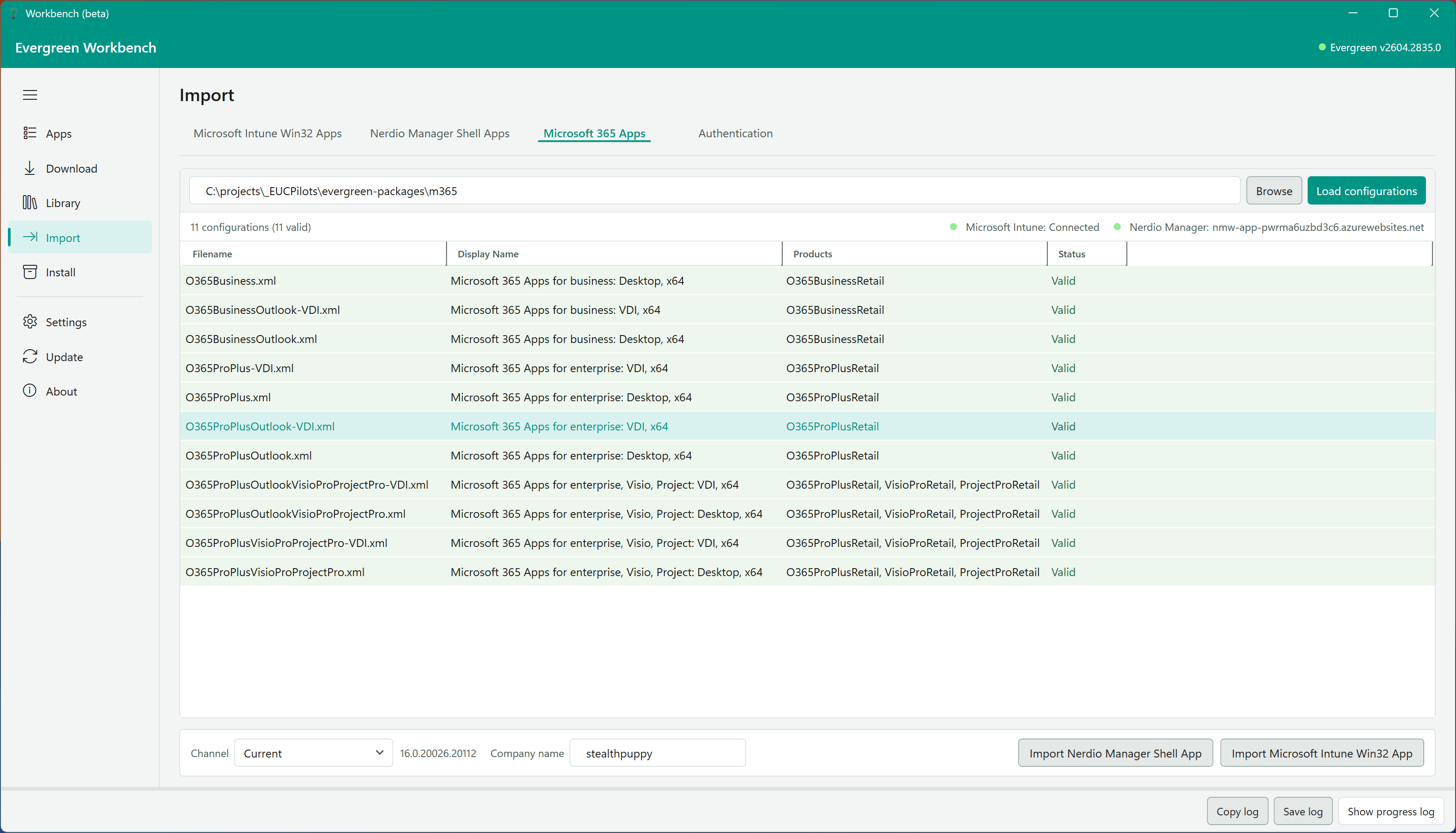 The Import Tab showing Microsoft 365 Apps package configurations and import actions