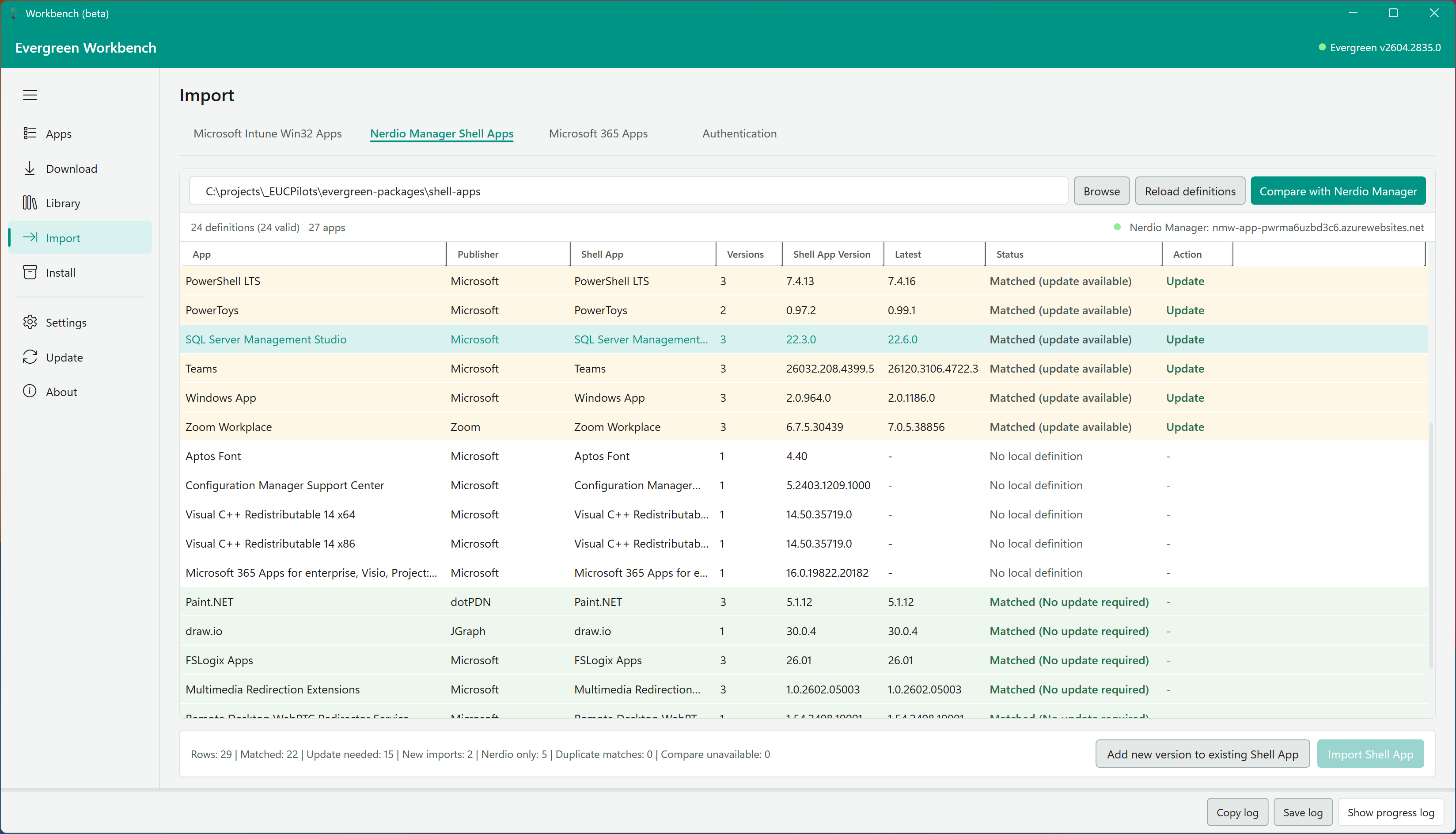 The Import Tab showing Nerdio Manager Shell Apps with version comparison