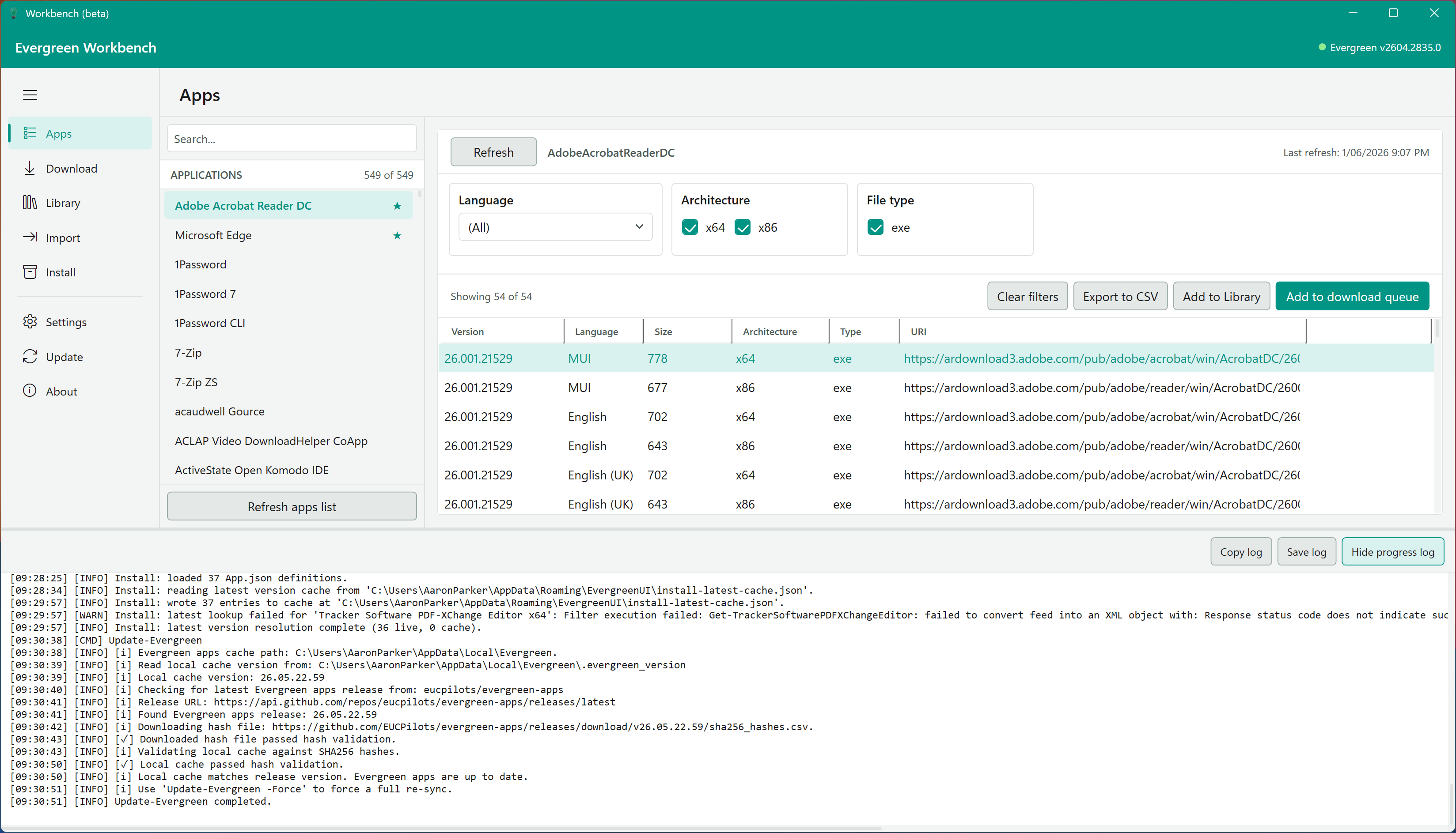 The progress log panel showing detailed operation output