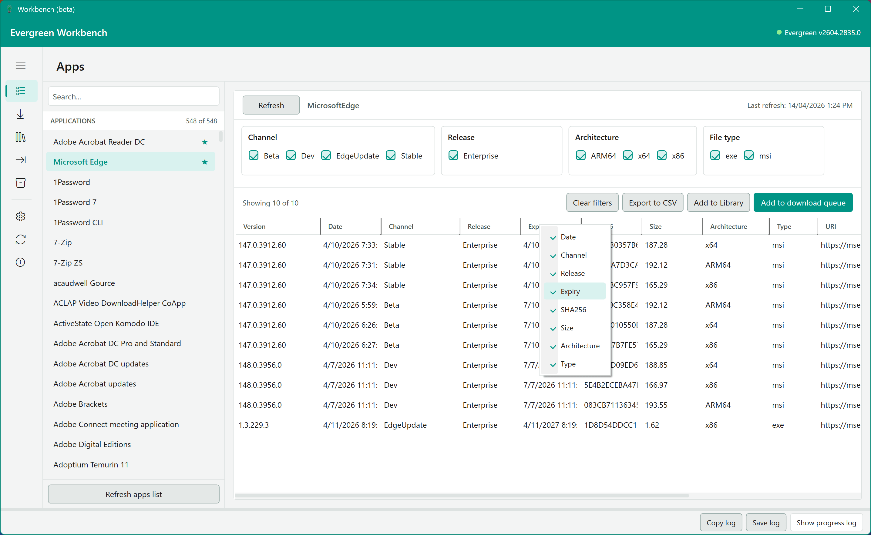 The Apps View showing the table header right click options