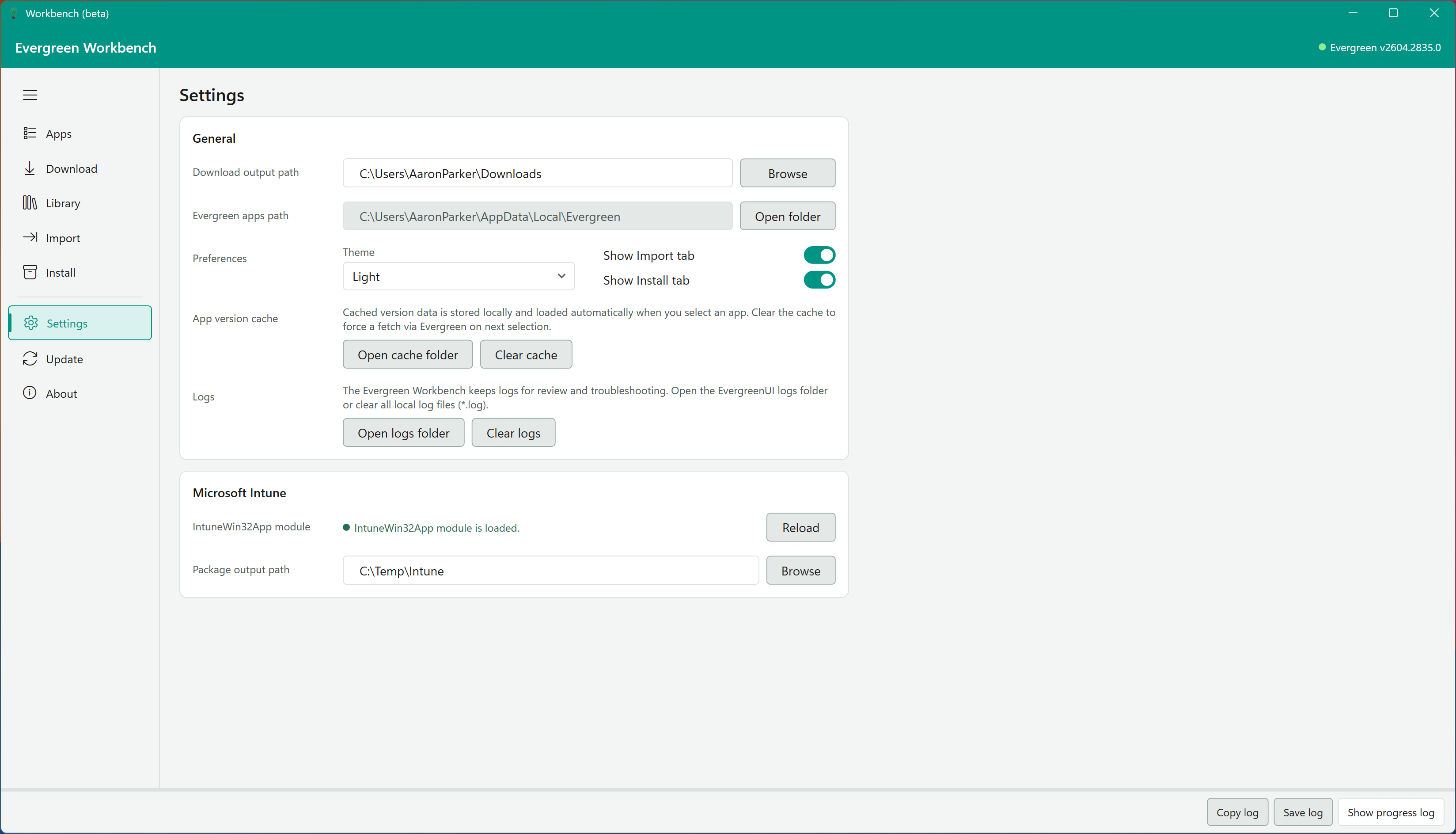 The Settings View showing General, Microsoft Intune, and Logs configuration