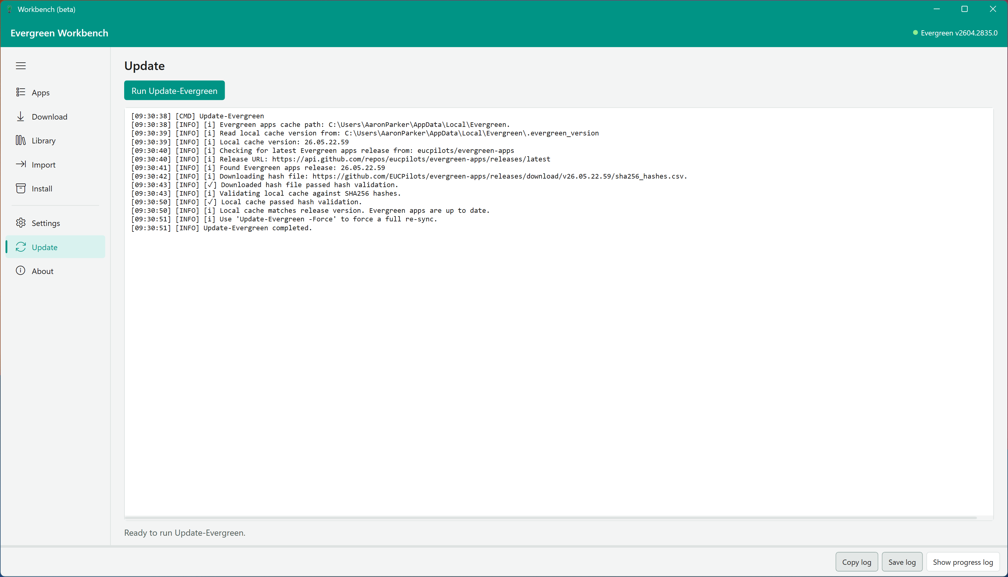 The Update View showing Update-Evergreen output with hash validation and sync progress