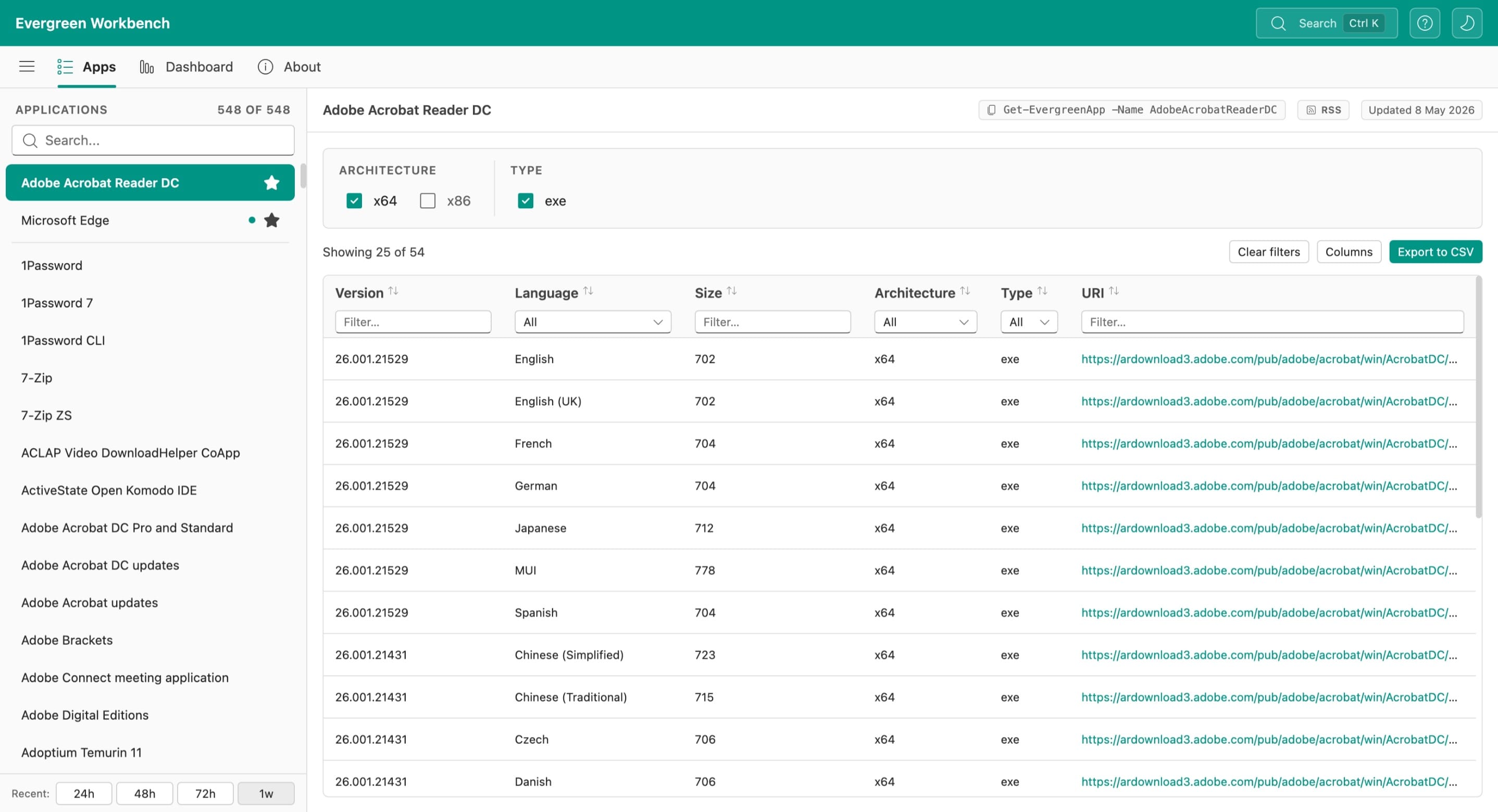 The Apps view showing Adobe Acrobat Reader DC with version, language, size, architecture, and URI columns