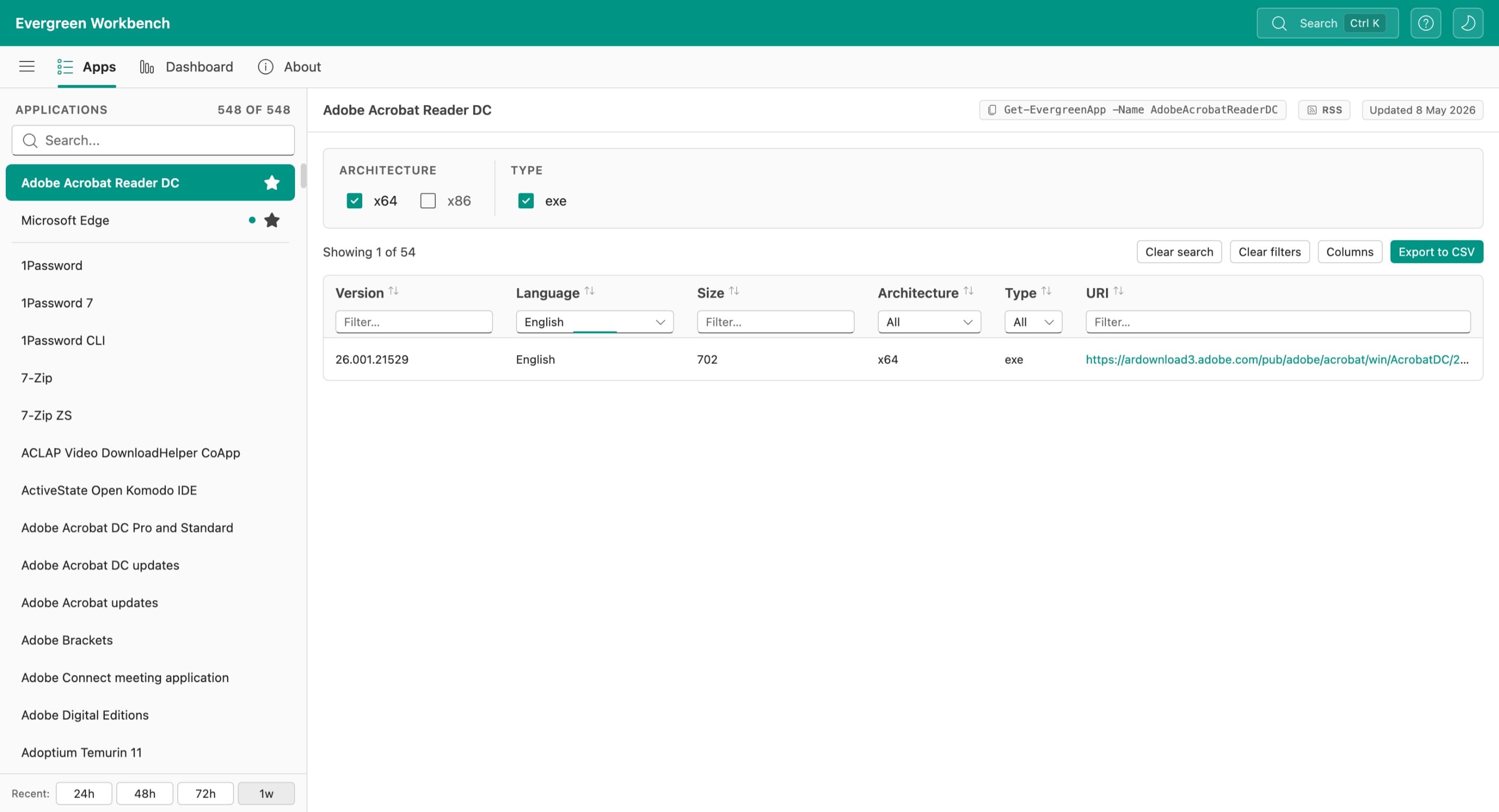 The Apps view with a Language column filter applied showing only English results