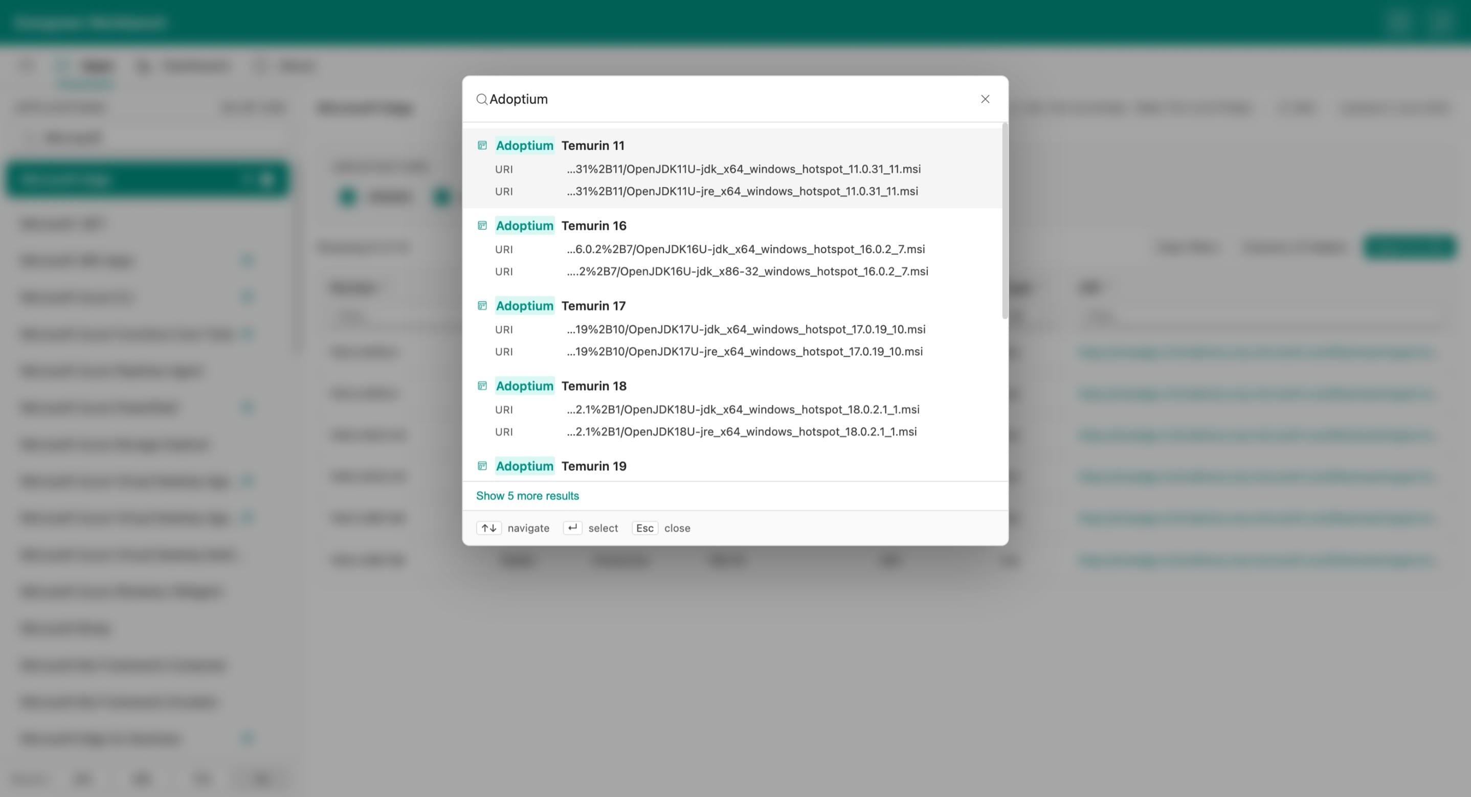 The global search overlay showing results for a search across application names and URIs